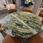 Green Landscape Marble Round Dining Table with Natural Wood Veneer & Gold Stainless Steel Base